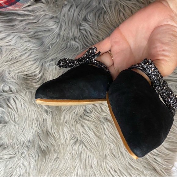 J.Crew Suede d'Orsay black  flats with glitter bow - Picture 7 of 12